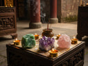 Yuè TerraBrio temple partnership showing raw crystals being cleansed and blessed in a space of prayer.