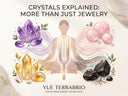Yue TerraBrio guide to beginner crystals: Amethyst, Rose Quartz, Citrine, and Black Obsidian meanings.