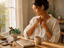 Woman wearing Yue TerraBrio jewelry in a calm morning intention practice