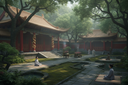 Traditional Chinese architecture with people in a garden setting