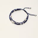 Yue TerraBrio azure Poise double-strand lapis lazuli and pearl bracelet with silver spacers and adjustable navy cord.