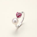 Heart in Bloom S925 sterling silver ring with 6 mm heart-shaped garnet and freshwater pearl.