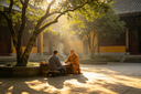 Beautiful tranquil traditional Chinese temple courtyard, warm sunlight falling through dense foliage, Buddhist monk sitting indoors and conducting fortune reading for a guest, harmonious peaceful oriental Zen culture scenery, soft aesthetic tone, spiritual relaxing art background, Yuè TerraBrio