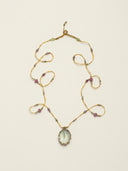 A hand-woven "Duo Bao" multi-treasure necklace featuring a pale green Prasiolite egg pendant and a vibrant sequence of 66 natural energy stones.