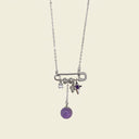 Yue TerraBrio violet orbit amethyst and zircon safety pin necklace with suspended purple gemstone drop and titanium steel chain.