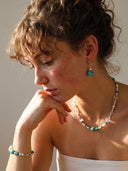 Detailed lifestyle shot of Yuè TerraBrio Veridian Truth necklace on a model, highlighting the interplay of natural quartz, amazonite, and silver beads.