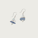 Yue TerraBrio Aqueous Alignment drop earrings with aquamarine shards, blue kyanite discs, clear crystal pillars, freshwater rice pearls, and sterling silver hooks.