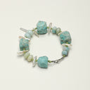 Yue TerraBrio Azure Courage bracelet with raw-cut Amazonite and long tooth pearls for Heart and Throat Chakras.