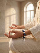 Yue TerraBrio Celestial Wisdom bracelet  designed in a serene Zen style with raw chunky Lapis Lazuli and baroque pearls for Third Eye Chakra.
