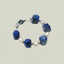 Yue TerraBrio Celestial Wisdom bracelet with raw chunky Lapis Lazuli and baroque pearls for Third Eye Chakra.