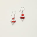 Yue TerraBrio Crimson Radiance drop earrings with red bamboo coral elements, clear crystal pillars, freshwater rice pearls, and sterling silver hooks.