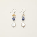Yue TerraBrio Intellectual Flow drop earrings with baroque teardrop pearls, faceted sodalite beads, clear quartz shards, citrine accents, and sterling silver hooks.