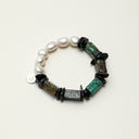 Yue TerraBrio Intuitive Ground bracelet with raw azurite columns, black tourmaline shards, freshwater baroque pearls, and sterling silver accents.