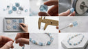 Yue TerraBrio gemstone jewelry design process with pearls, blue gemstones, measuring tools, and handmade details.