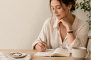 Woman wearing Yue TerraBrio gemstone jewelry during a calm daily ritual, representing intention, meaning, and personal energy.
