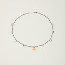 Yue TerraBrio Prism Bloom necklace with blue topaz drop cuts, citrine, green quartz, ametrine, peridot, faceted topaz accents, sterling silver round beads, and an S925 silver hook clasp.