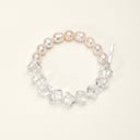 Yue TerraBrio Pure Clarity bracelet with 8mm clear quartz rhomboid beads, freshwater pearls, and a sterling silver logo tag.