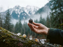 A hand holding a raw Yuè TerraBrio Smoky Quartz crystal against a misty mountain forest. This natural mineral symbolizes the Terra pillar, providing grounding energy and a direct connection to the Earth's vibration, ideal for spiritual manifestation and emotional stability.