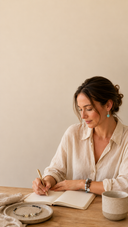 A woman wearing meaningful gemstone jewelry while journaling in a calm daily ritual moment for Yue TerraBrio.