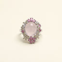 Yue TerraBrio Rose Halo adjustable ring with a 10ct rose quartz center stone, rose quartz accents, and S925 sterling silver.