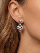 Model wearing the Yue TerraBrio Ruby Poise drop earrings with ruby stones, zircon accents, and white-gold-plated S925 sterling silver.