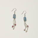 Yue TerraBrio Soft Voice drop earrings with blue lace agate barrel beads, faceted tourmaline, freshwater pearls, clear quartz, seed pearls, and sterling silver hooks.