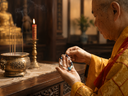 A visual interpretation of Yue TerraBrio jewelry going through a temple blessing ritual with care and respect.