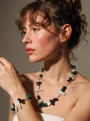 A model wearing the complete temple-consecrated Terra Equilibrium set, showcasing the coordinated Smoky Quartz and Malachite necklace and bracelet for grounding and protection in dramatic light.