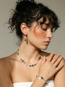 Yue TerraBrio lifestyle banner featuring the Verdant Sanctuary Set: Moss Agate necklace, bracelet, and earrings on a model.