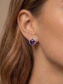 Model wearing the Yue TerraBrio Violet Heirloom amethyst and zircon stud earrings in S925 sterling silver.